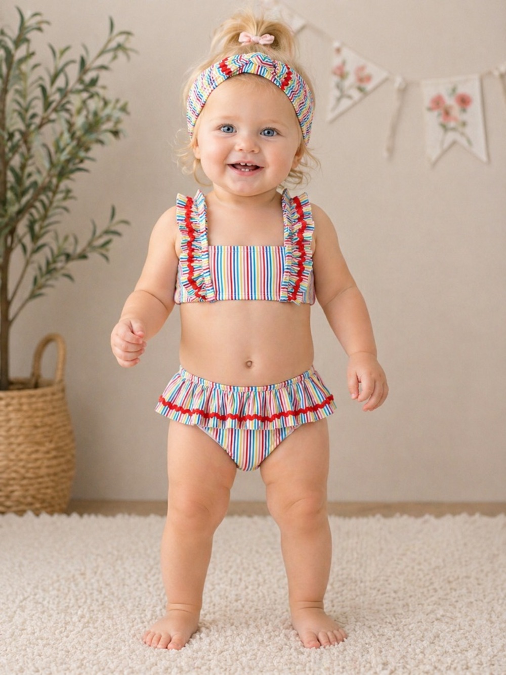 Andy & Evan Baby Bikini Set Striped Ruffle Swim + Headband | NWT Size 9-12M